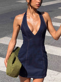 DressNovel Say Goodnight Denim Halter Mini Dress Mid Wash