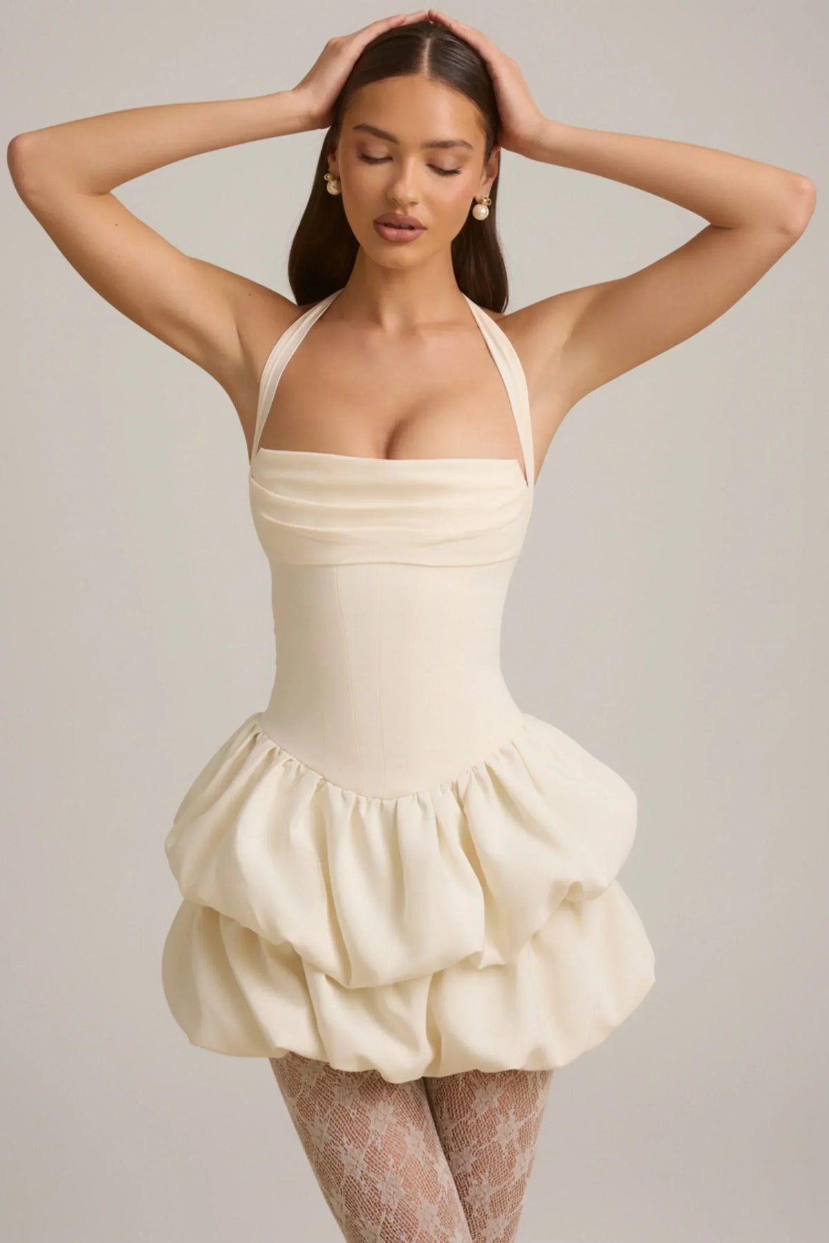 DressNovel Halterneck Layered Bubble Hem Corset Mini Dress in Ivory