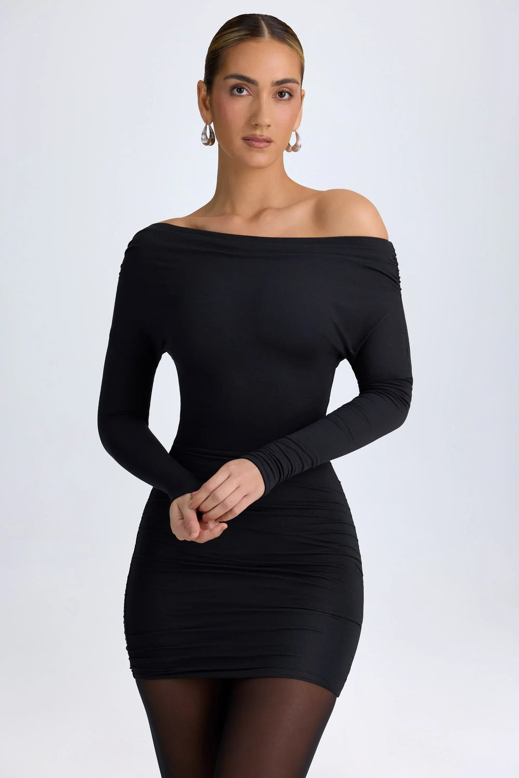 DressNovel Modal Off-Shoulder Ruched Mini Dress in Black