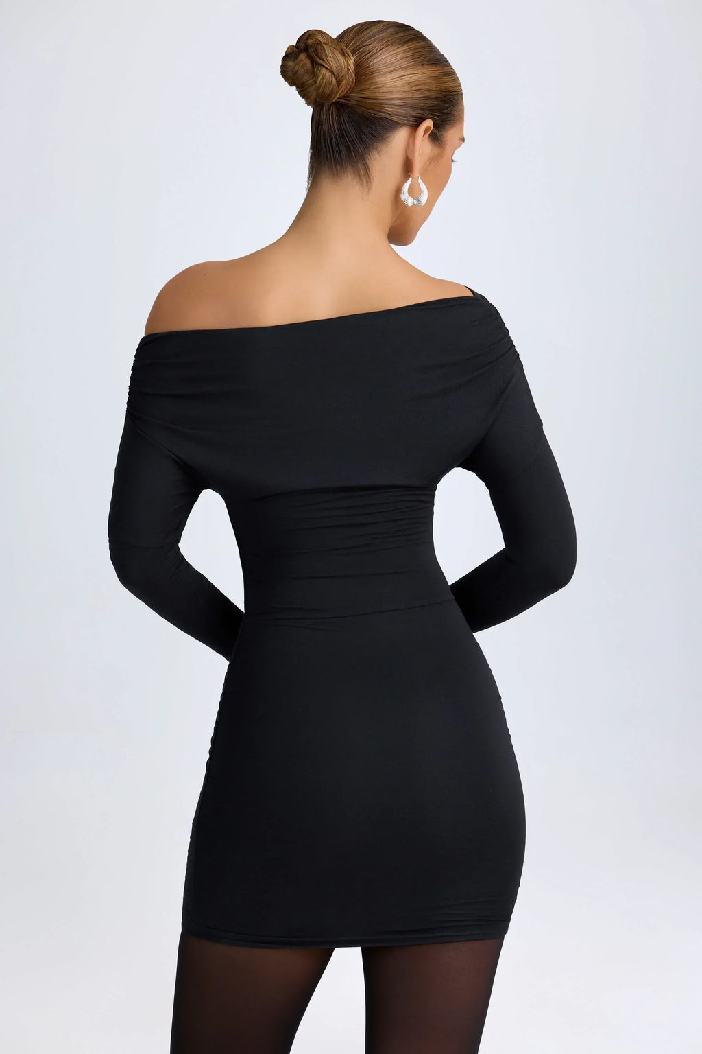 DressNovel Modal Off-Shoulder Ruched Mini Dress in Black