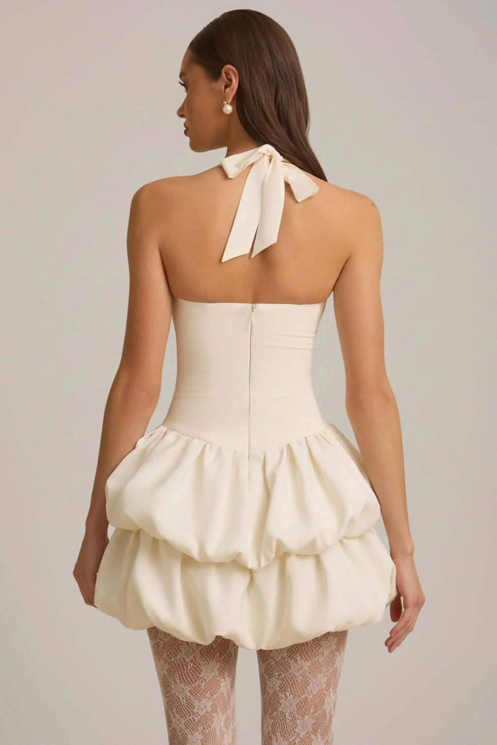 DressNovel Halterneck Layered Bubble Hem Corset Mini Dress in Ivory