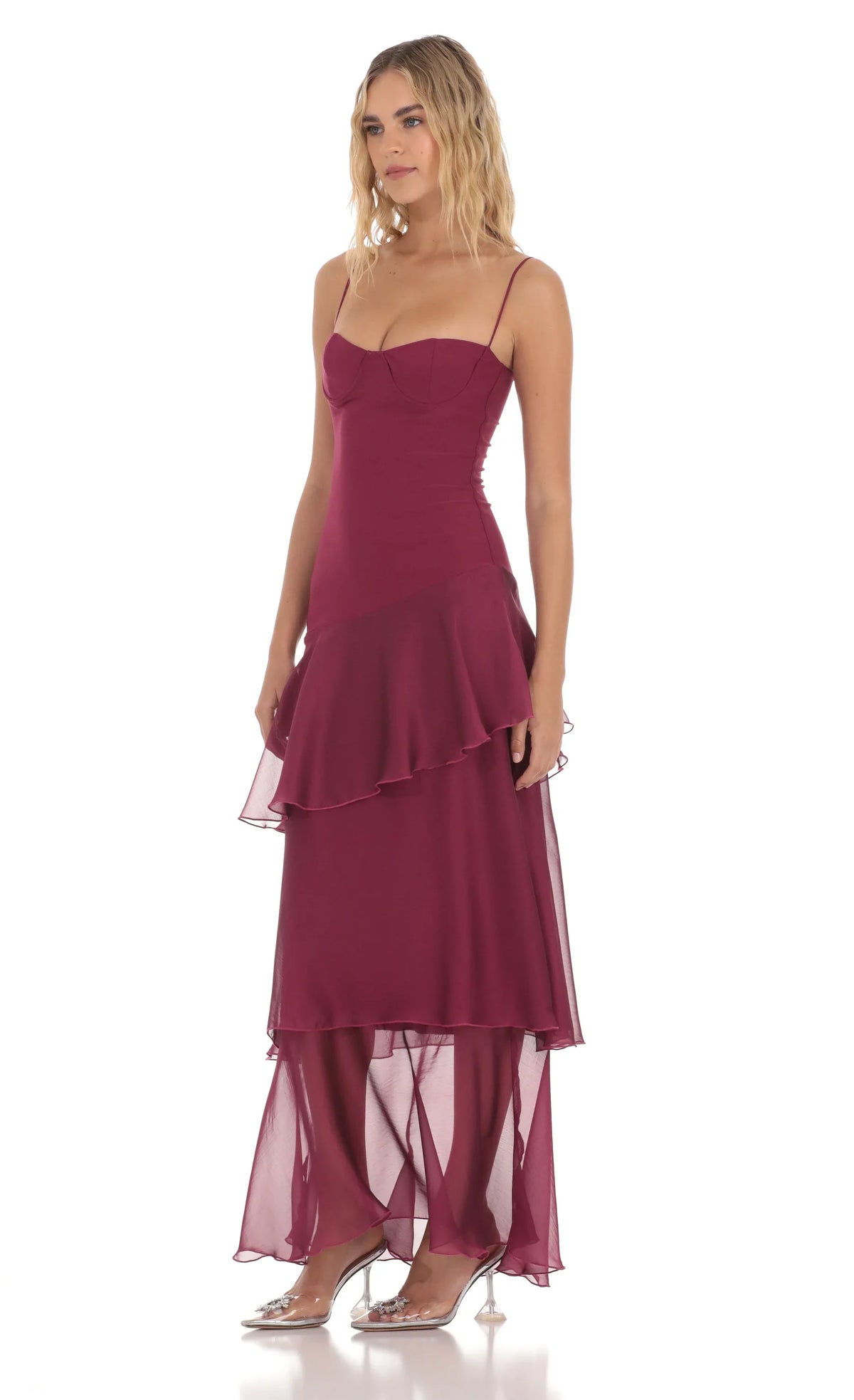 DressNovel Long Ruffle Maxi Dress in Plum