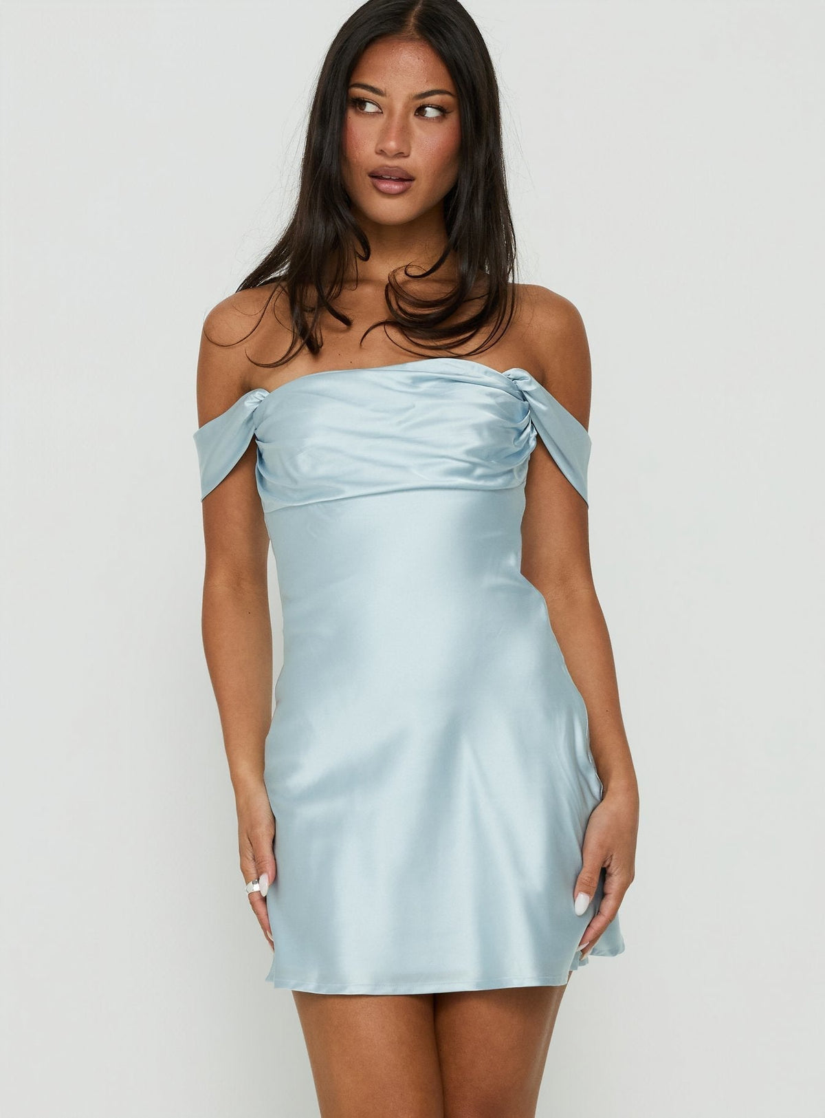 DressNovel Satin Off The Shoulder Mini Dress Blue