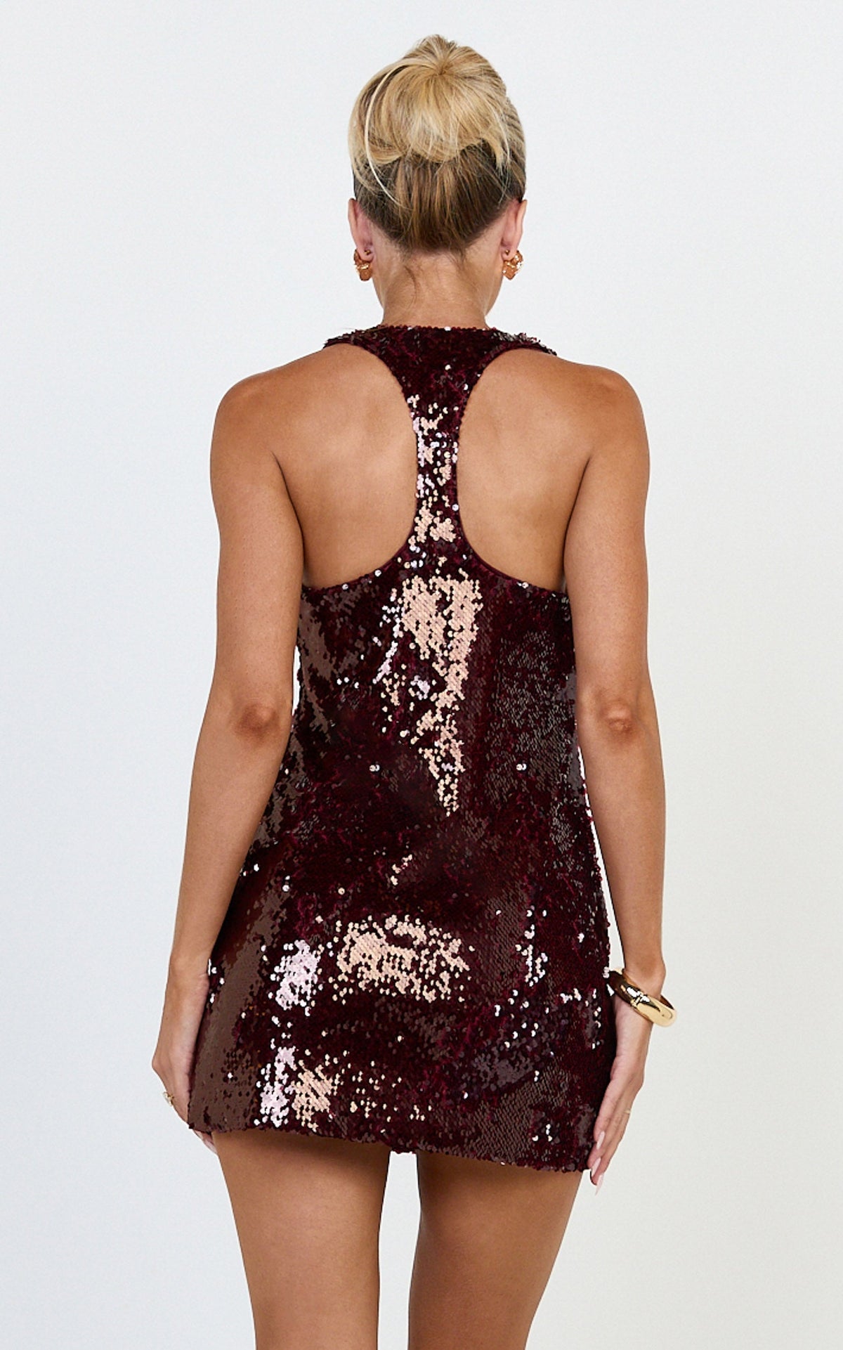 DressNovel Seville Mini Dress - Racer Back A Line Sequin Dress in Ruby