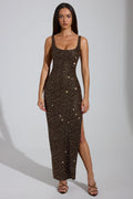 DressNovel Scoop-Neck Thigh-Split Maxi Dress in Brown