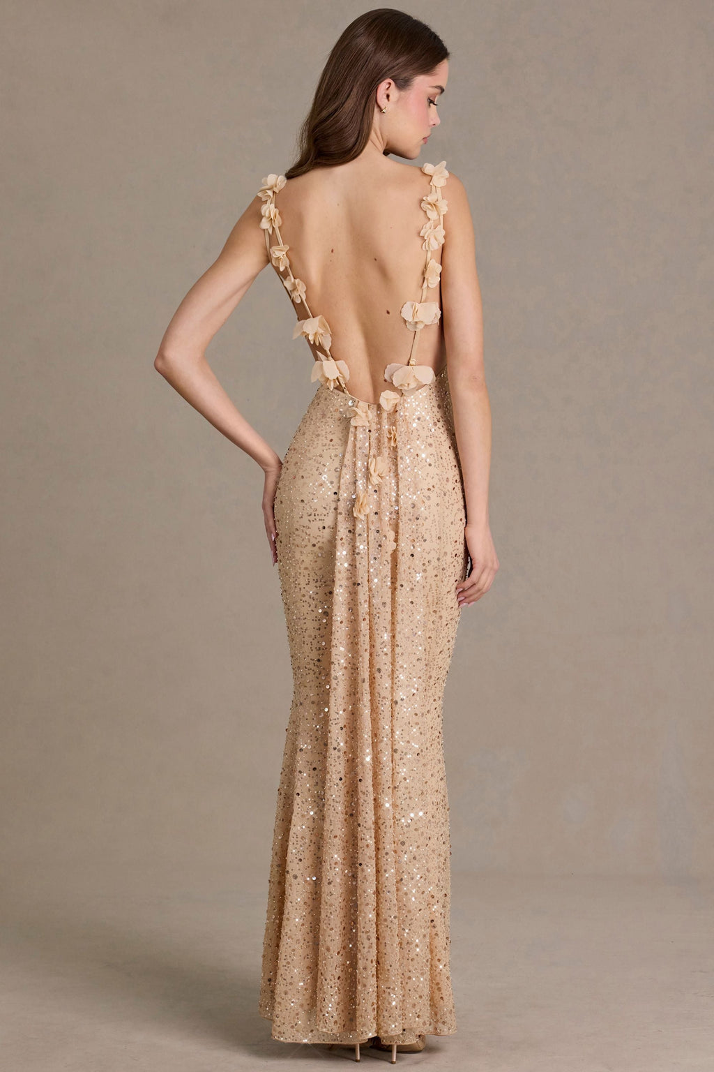 DressNovel Open-Back Maxi Dress in Gold