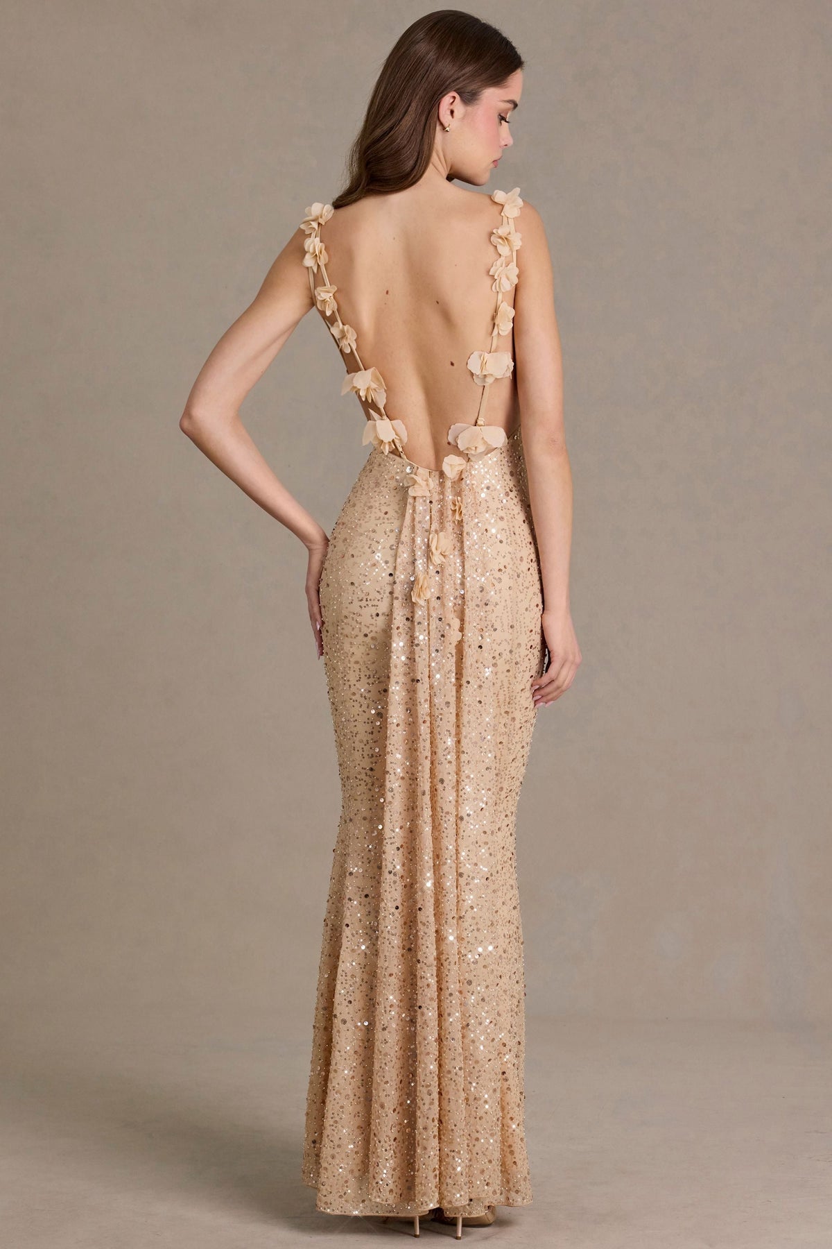 DressNovel Open-Back Maxi Dress in Gold