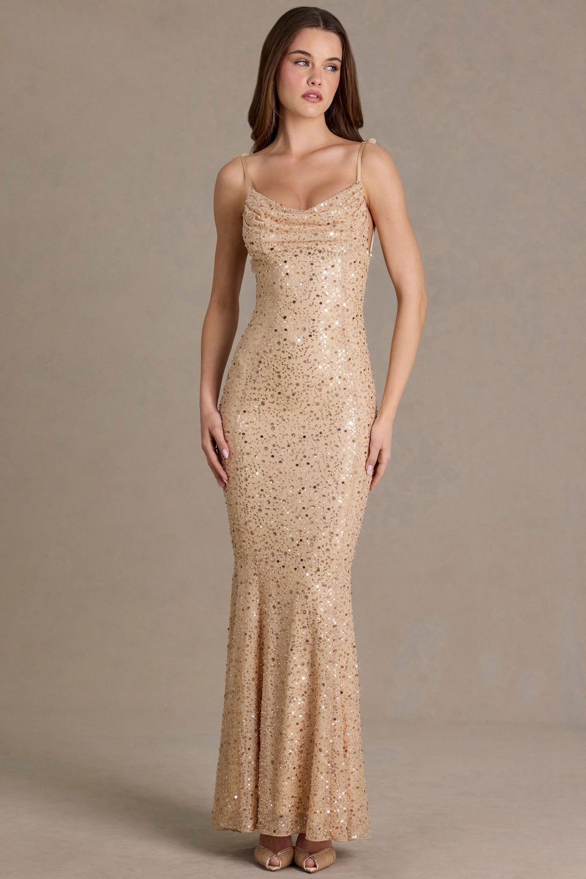 DressNovel Open-Back Maxi Dress in Gold