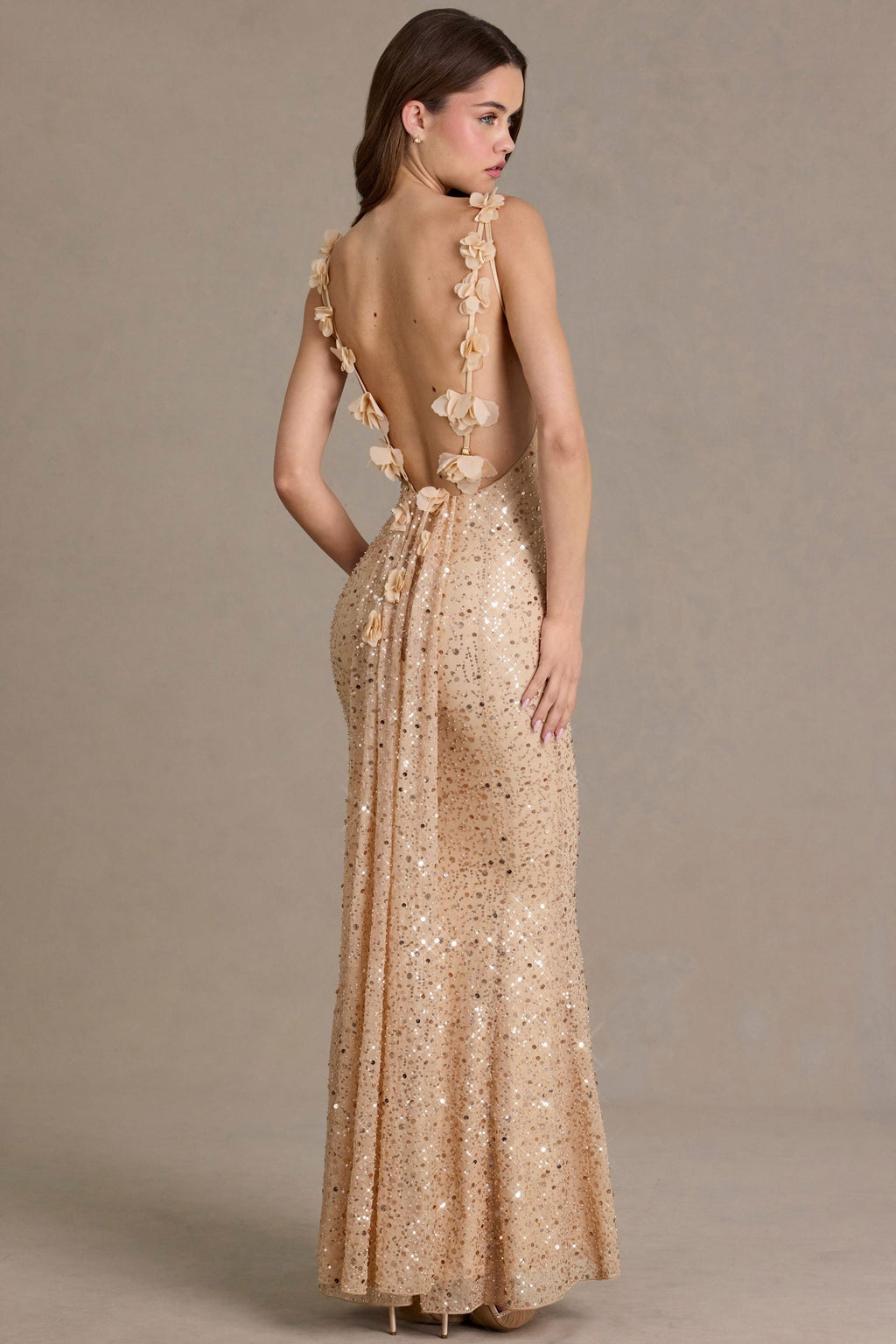 DressNovel Open-Back Maxi Dress in Gold