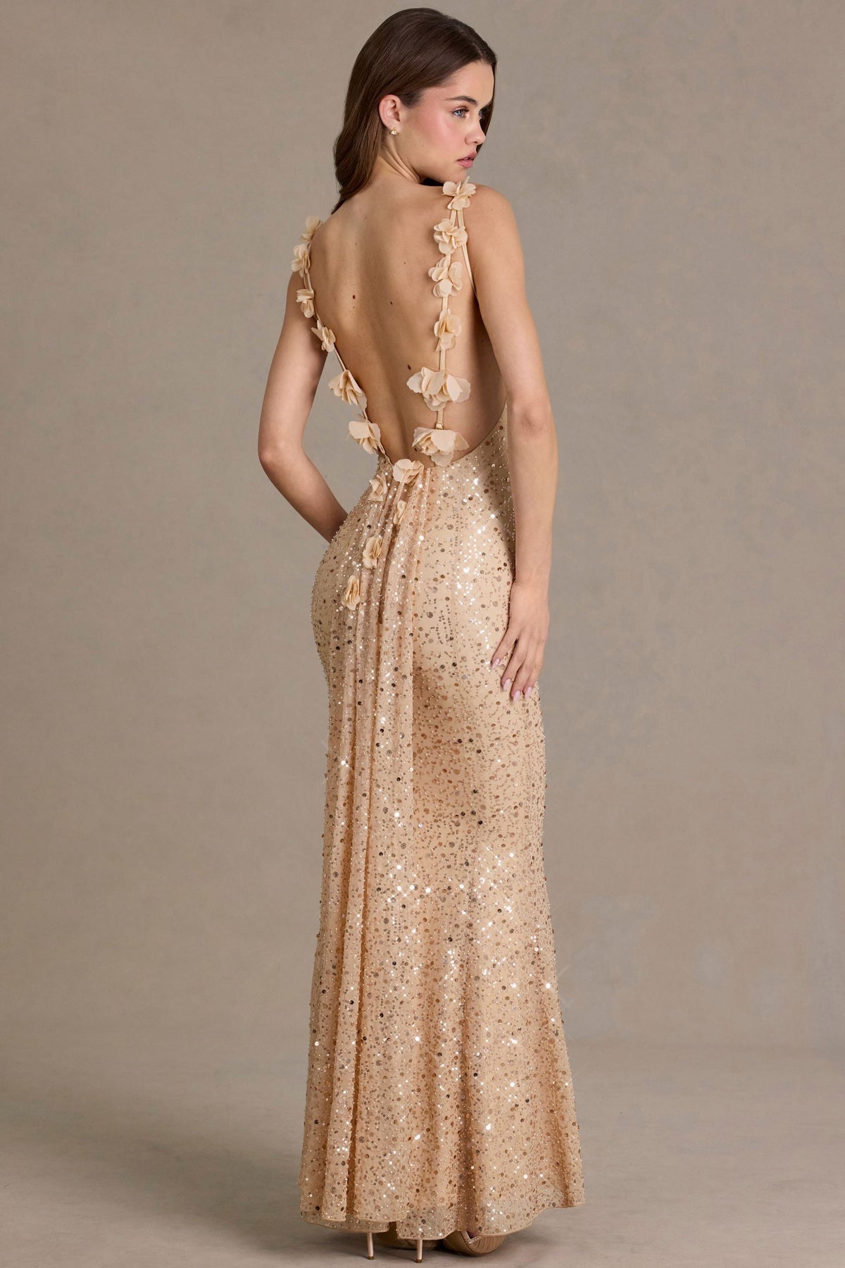 DressNovel Open-Back Maxi Dress in Gold