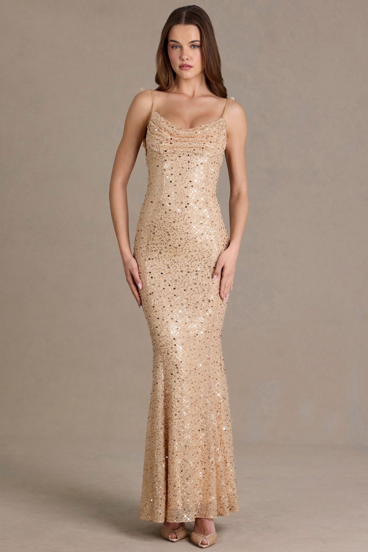 DressNovel Open-Back Maxi Dress in Gold