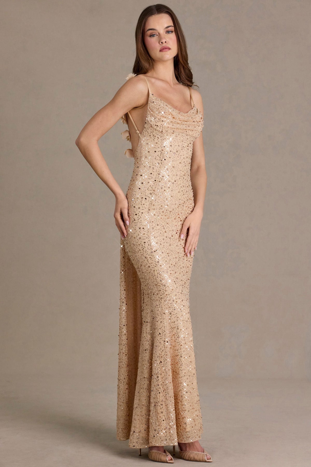 DressNovel Open-Back Maxi Dress in Gold