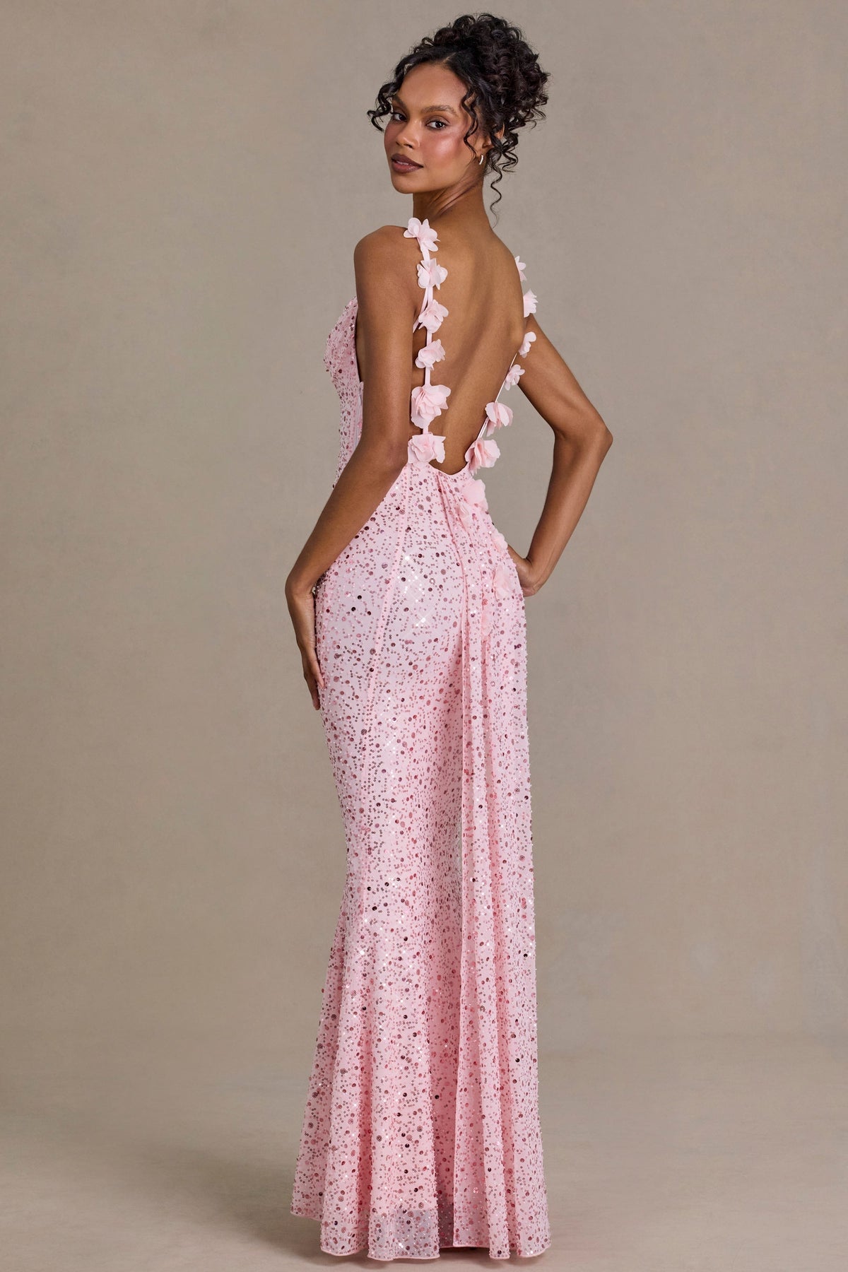 DressNovel Open-Back Maxi Dress in Baby Pink