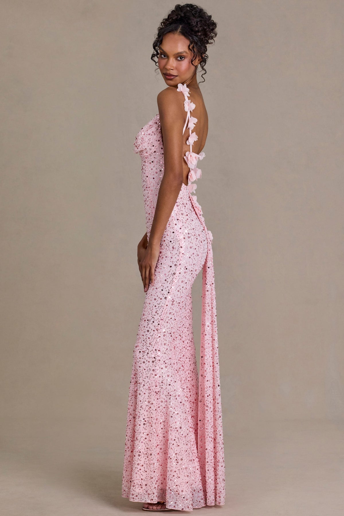 DressNovel Open-Back Maxi Dress in Baby Pink