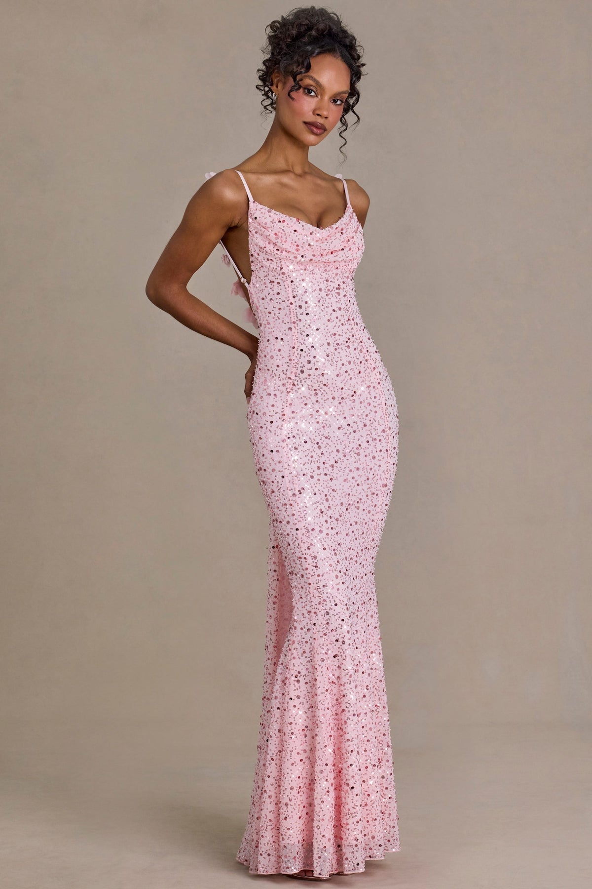 DressNovel Open-Back Maxi Dress in Baby Pink