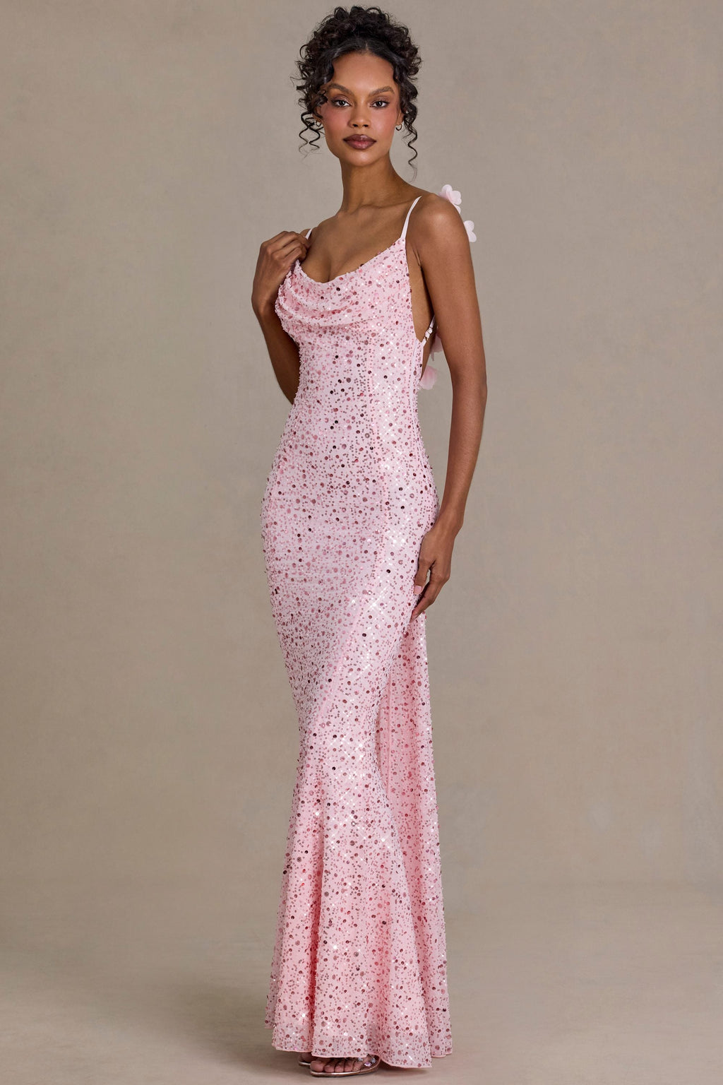 DressNovel Open-Back Maxi Dress in Baby Pink