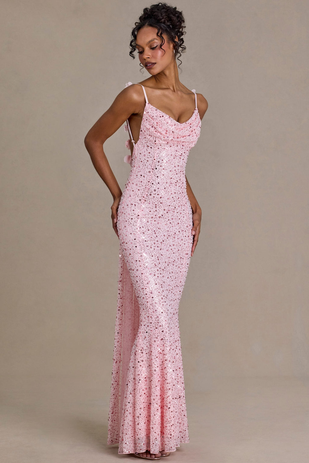 DressNovel Open-Back Maxi Dress in Baby Pink