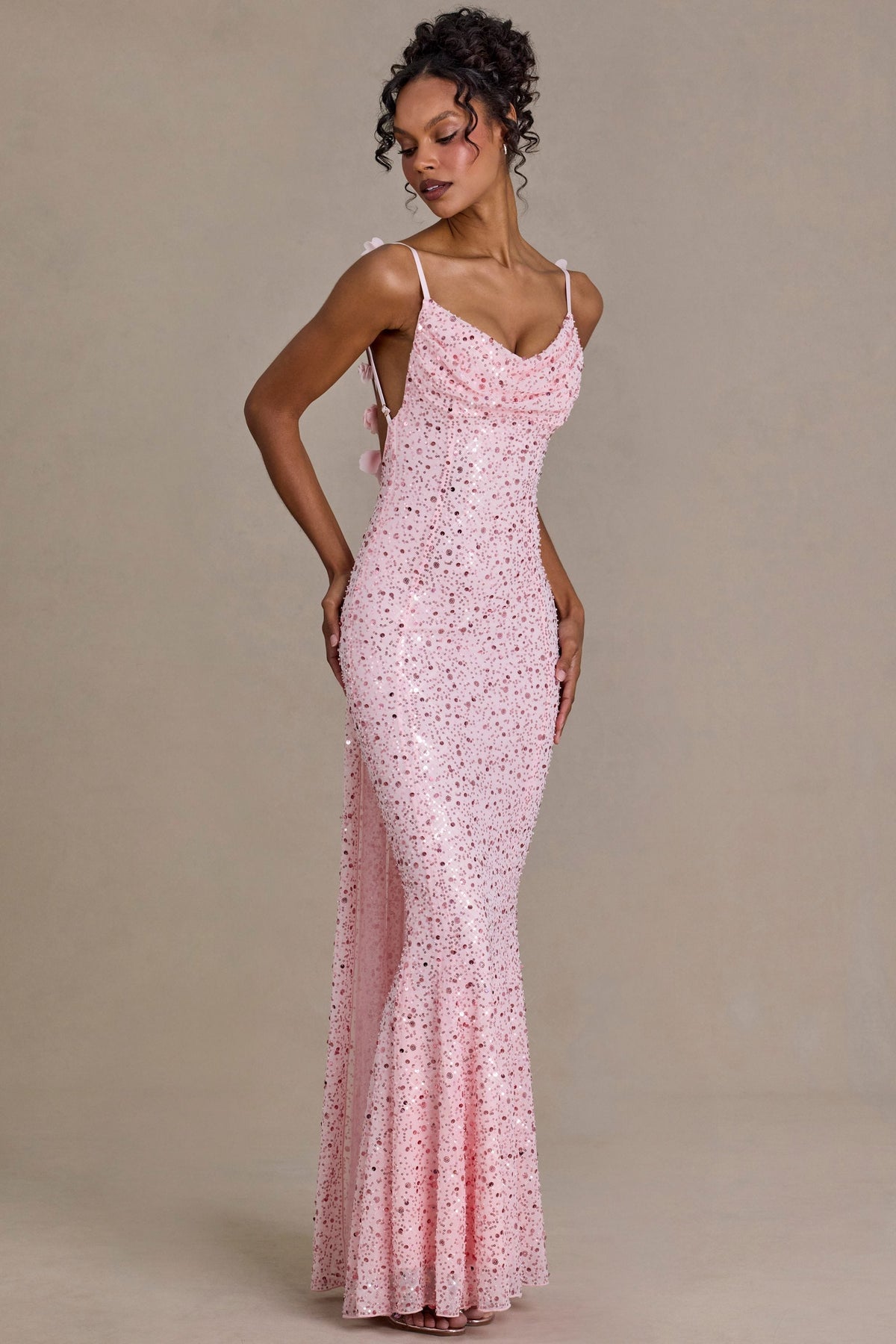 DressNovel Open-Back Maxi Dress in Baby Pink
