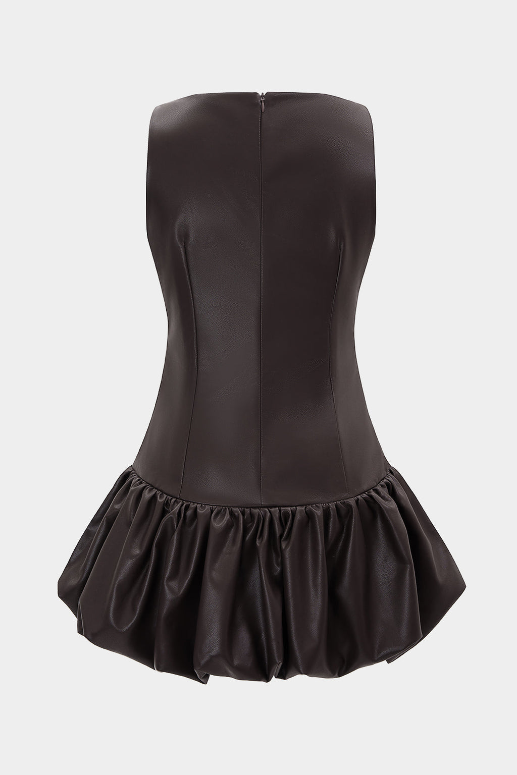 GownNovel Faux Leather Round Neck Ruched Hem Sleeveless Mini Dress