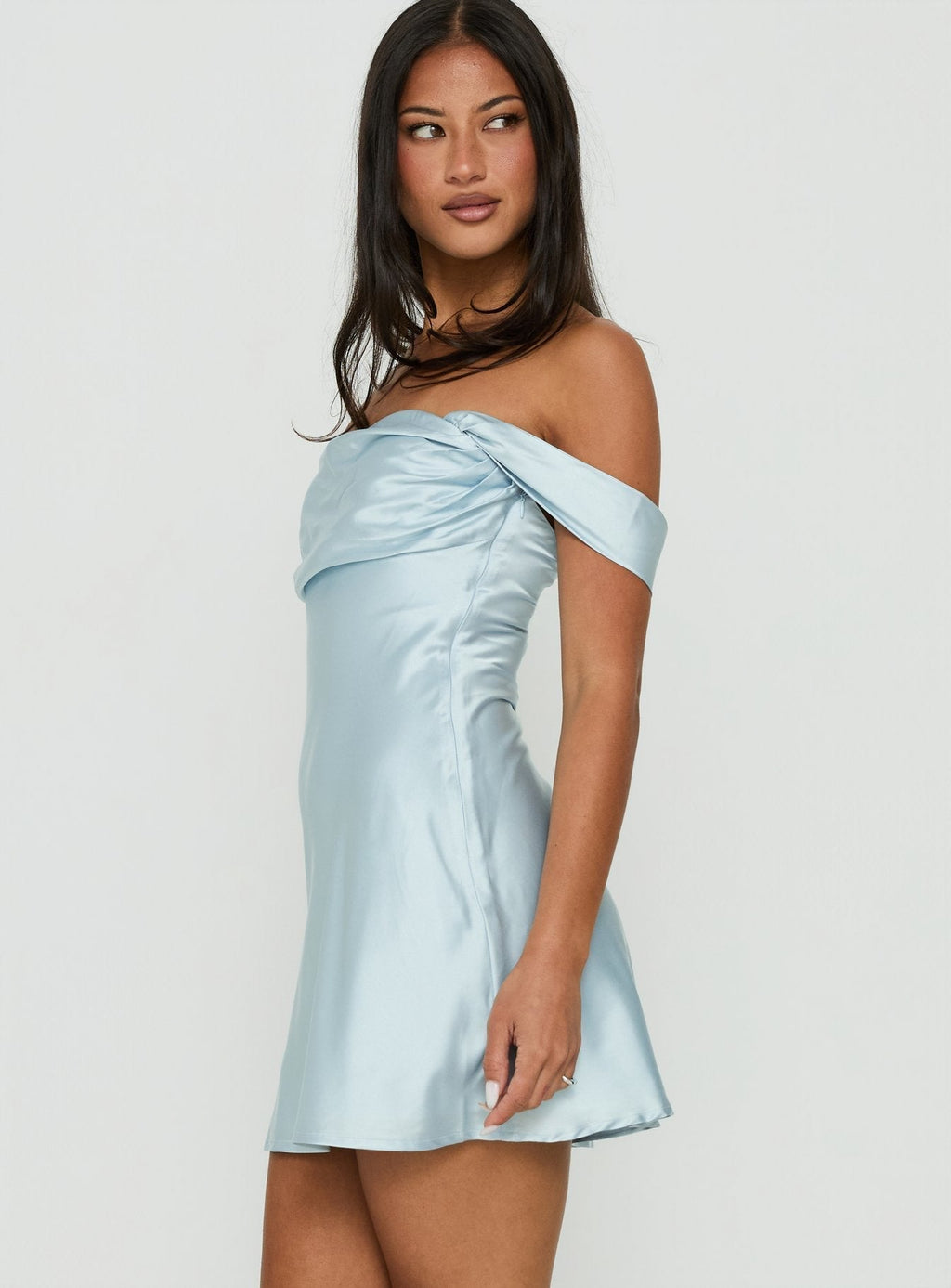 DressNovel Satin Off The Shoulder Mini Dress Blue