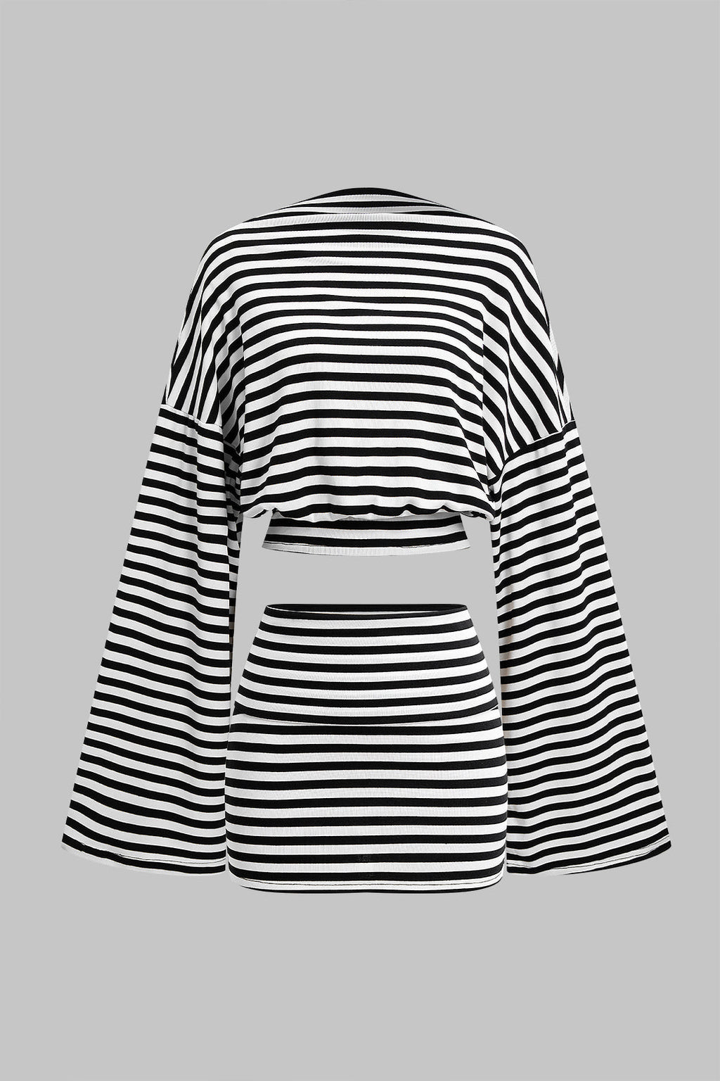 DressNovel Stripes Print Bell Long-Sleeve Top And Mini Skirt Set