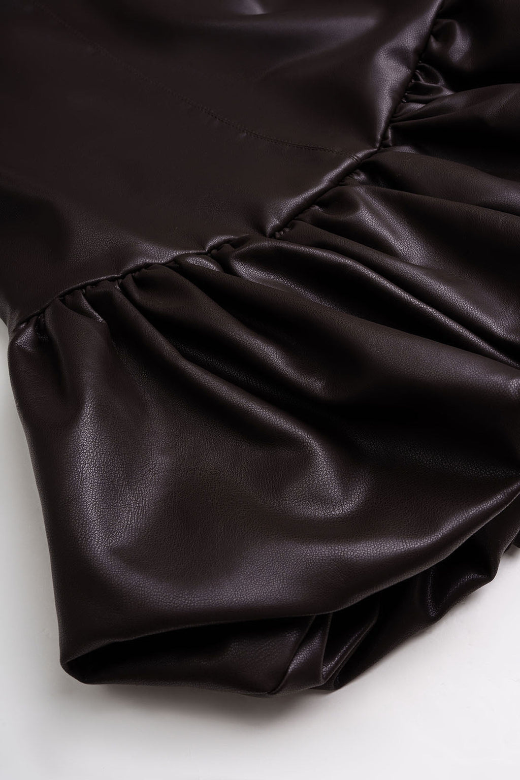 GownNovel Faux Leather Round Neck Ruched Hem Sleeveless Mini Dress