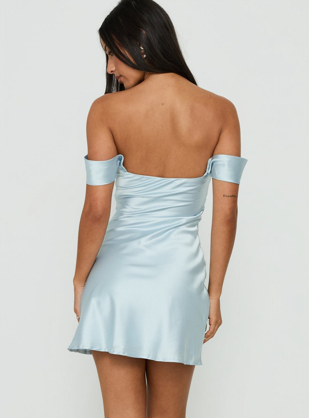 DressNovel Satin Off The Shoulder Mini Dress Blue
