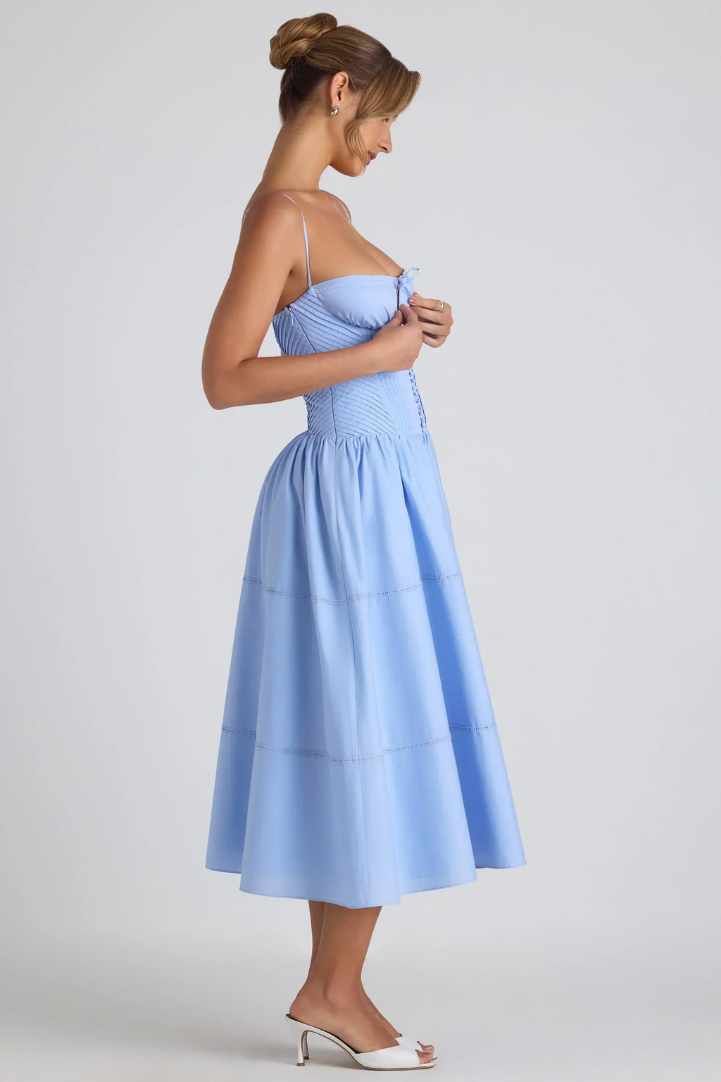 DressNovel-Lace-Trim Pintucked Poplin Midaxi Dress in Sky Blue
