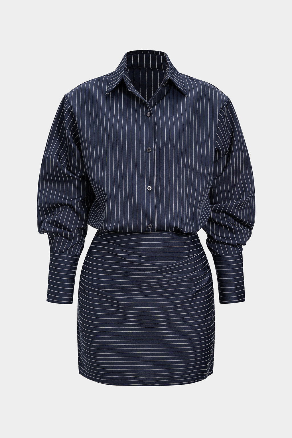 DressNovel Stripes Print Pleated Ruched Shoulder Pads Long Sleeve Mini Dress
