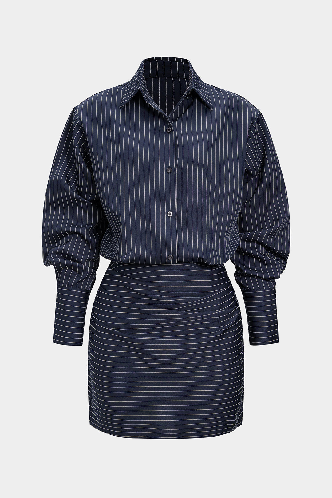DressNovel Stripes Print Pleated Ruched Shoulder Pads Long Sleeve Mini Dress