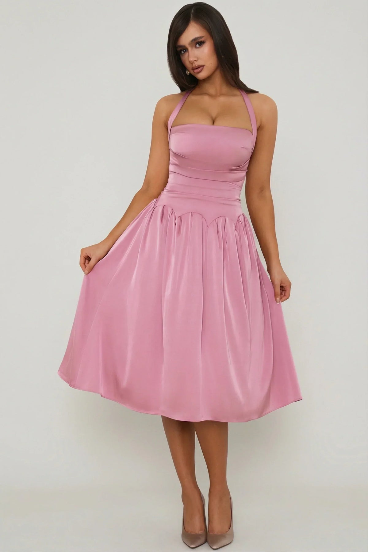 DressNovel Halterneck Lace-Up Ruched Corset Midi Dress in Mauve