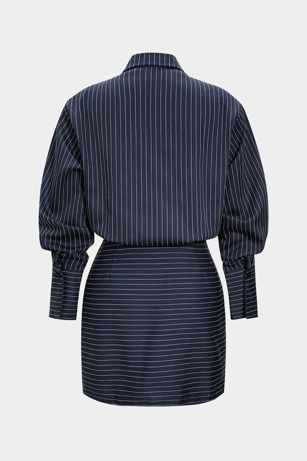 DressNovel Stripes Print Pleated Ruched Shoulder Pads Long Sleeve Mini Dress