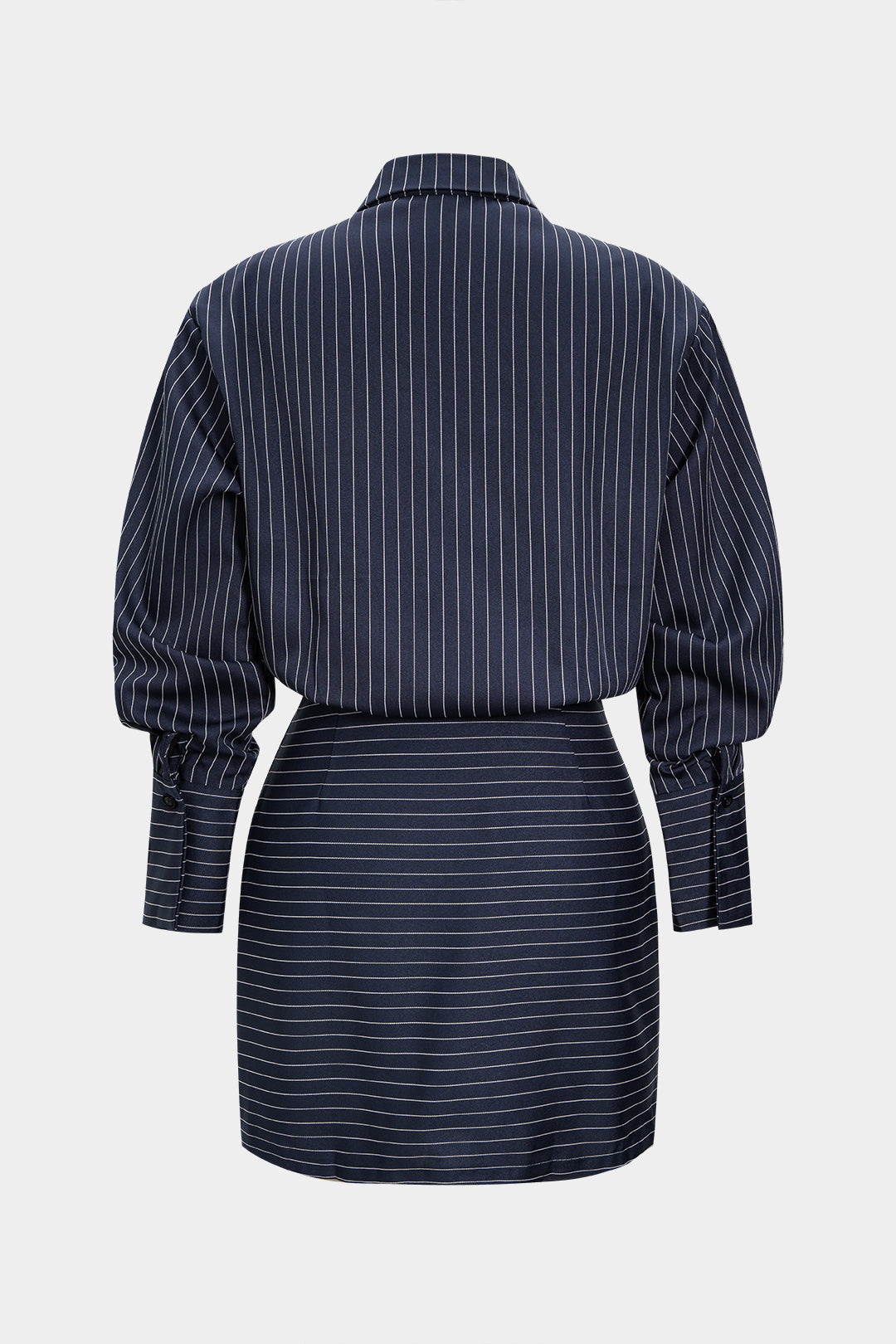 DressNovel Stripes Print Pleated Ruched Shoulder Pads Long Sleeve Mini Dress