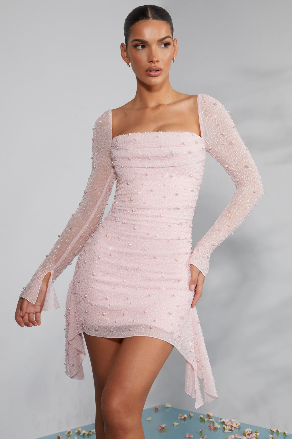 Long Sleeve DressNovel Cowl Neck Mini Dress in Blush