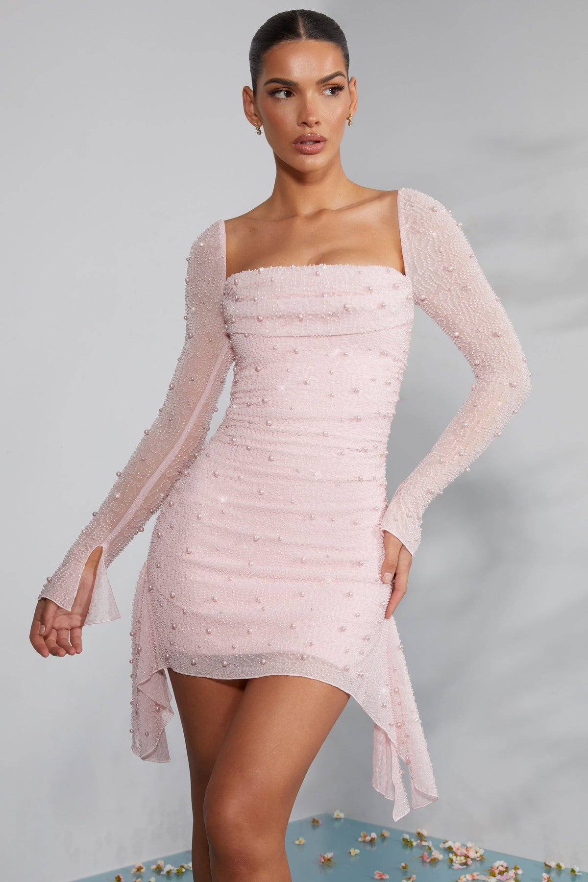 Long Sleeve DressNovel Cowl Neck Mini Dress in Blush