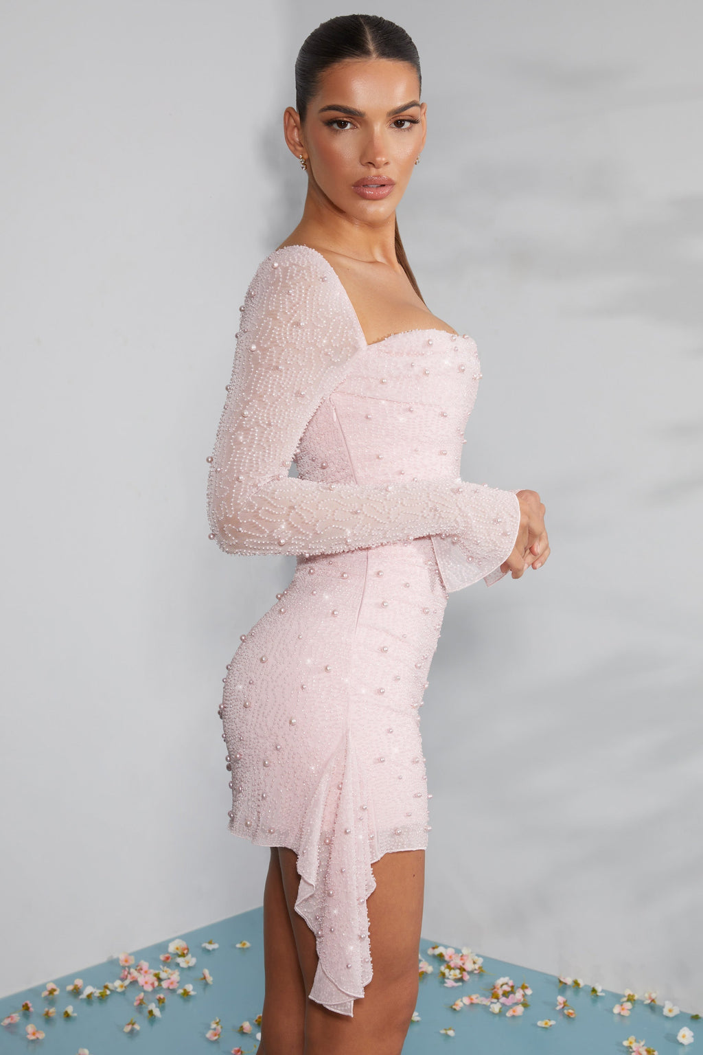 Long Sleeve DressNovel Cowl Neck Mini Dress in Blush