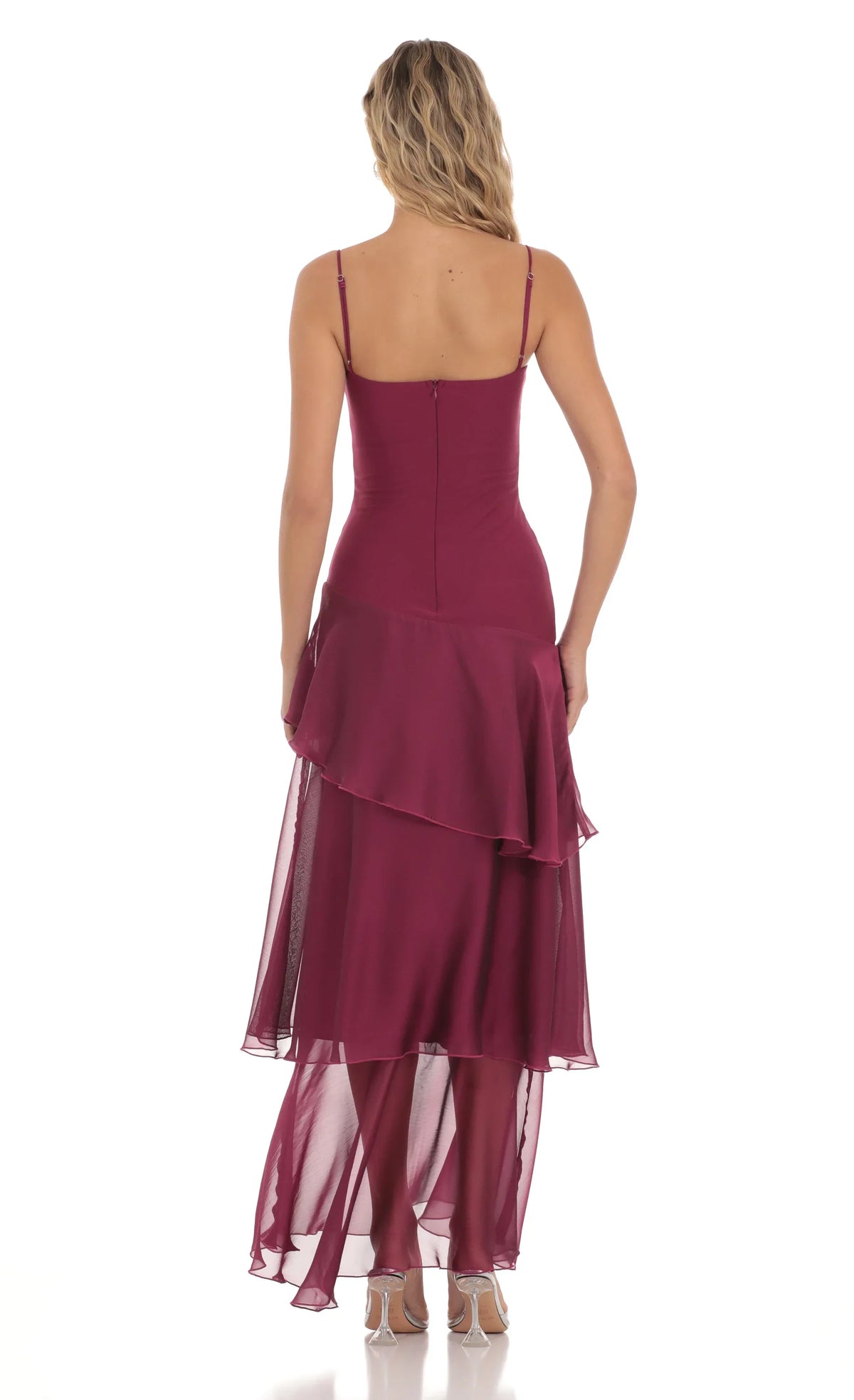 DressNovel Long Ruffle Maxi Dress in Plum