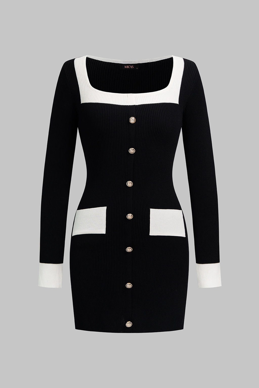 DressNovel Knit Contrast Square Neck Metallic Button Long Sleeve Mini Dress