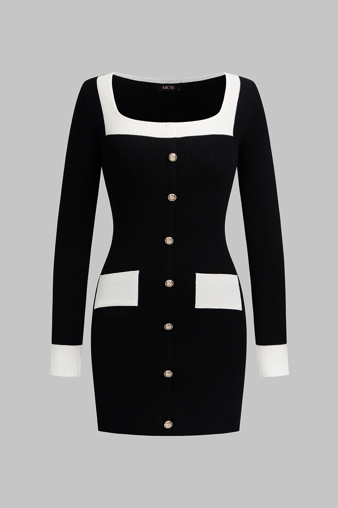 DressNovel Knit Contrast Square Neck Metallic Button Long Sleeve Mini Dress