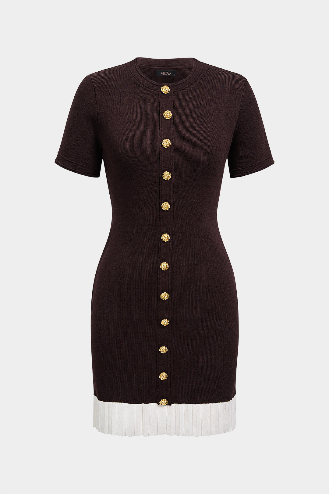 GownNovel Contrast Round Neck Metallic Button Short Sleeve Mini Dress