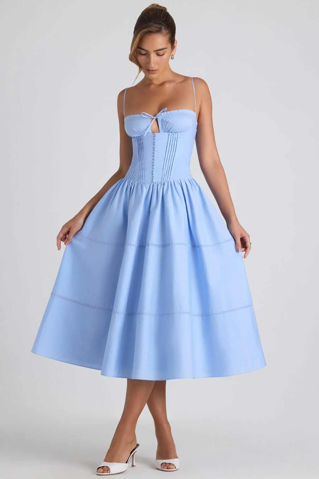 DressNovel-Lace-Trim Pintucked Poplin Midaxi Dress in Sky Blue