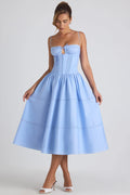 DressNovel-Lace-Trim Pintucked Poplin Midaxi Dress in Sky Blue