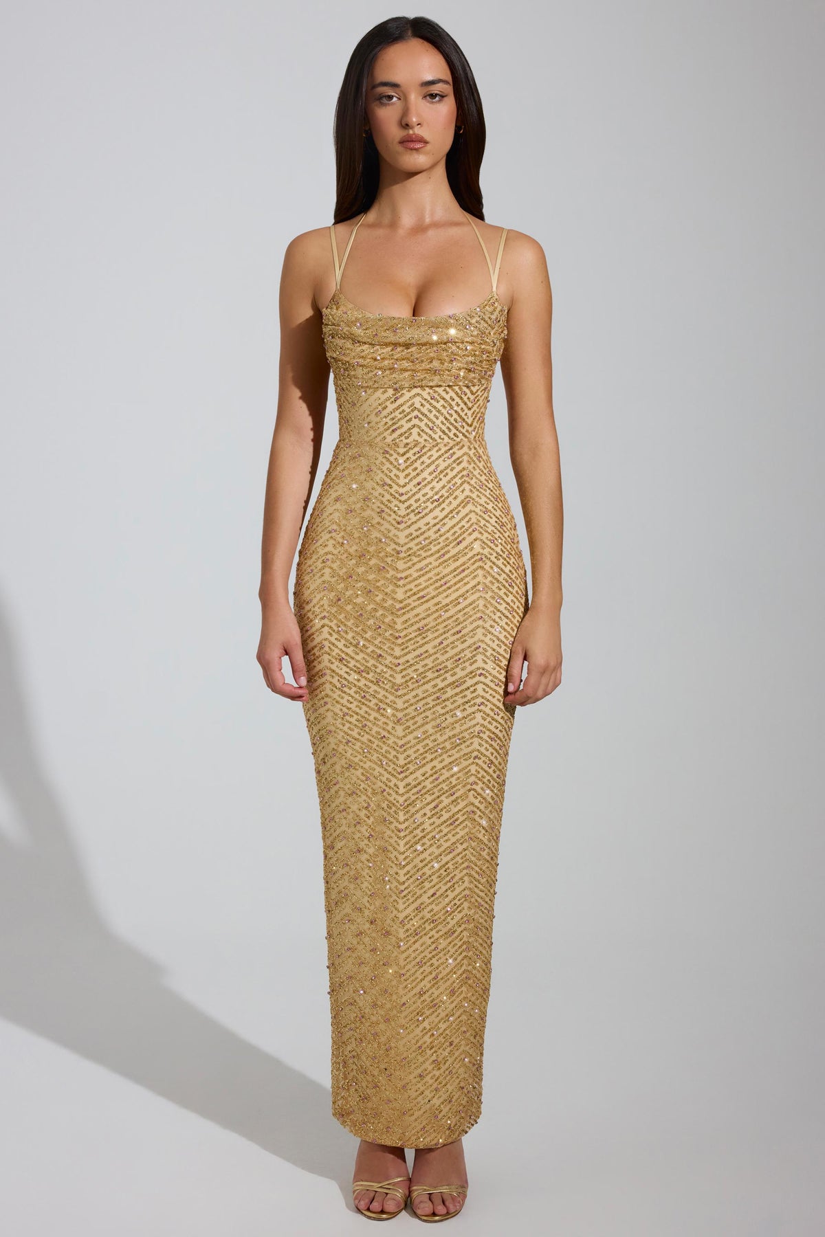 GownNovel Cowl-Neck Maxi Dress in Gold