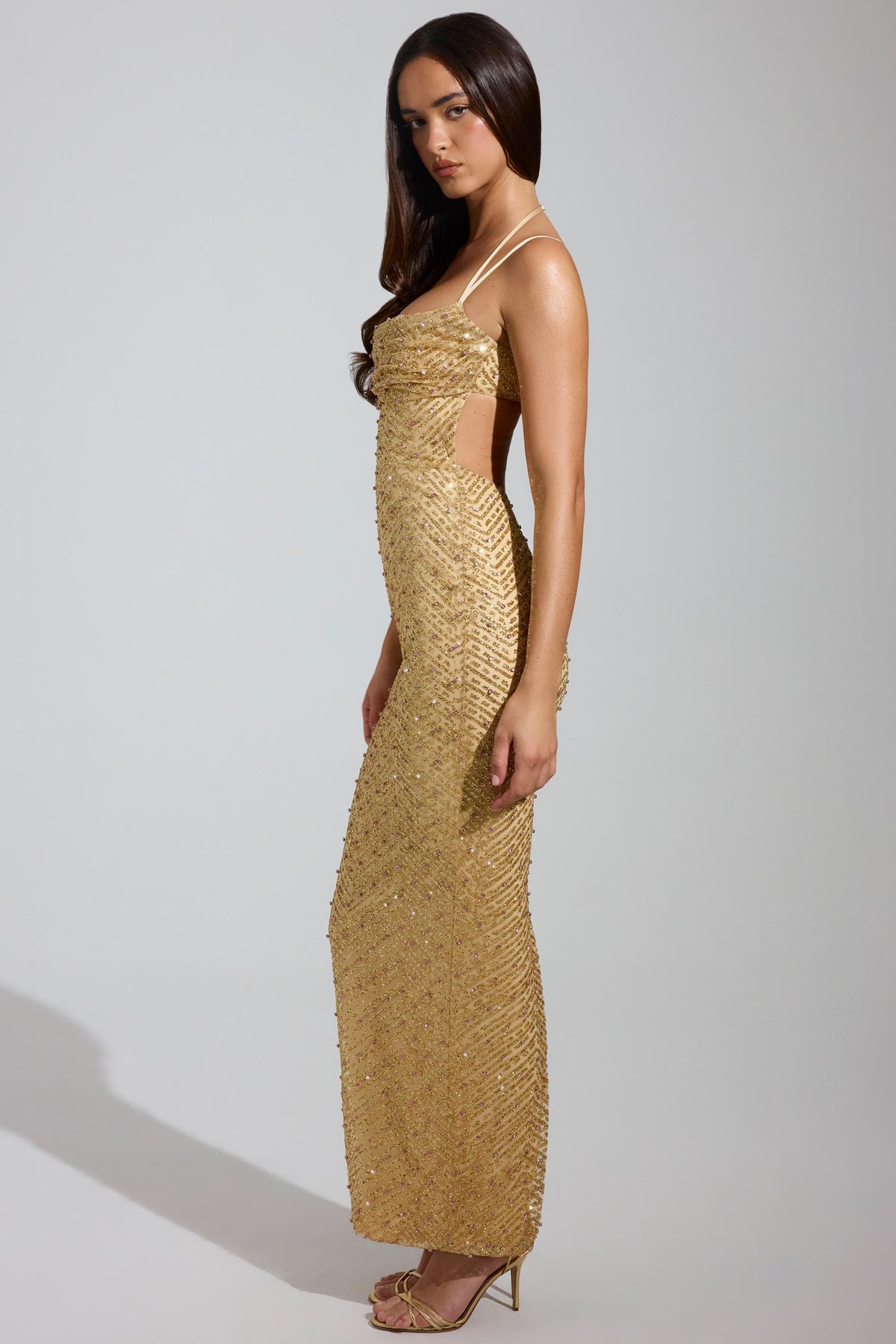 GownNovel Cowl-Neck Maxi Dress in Gold