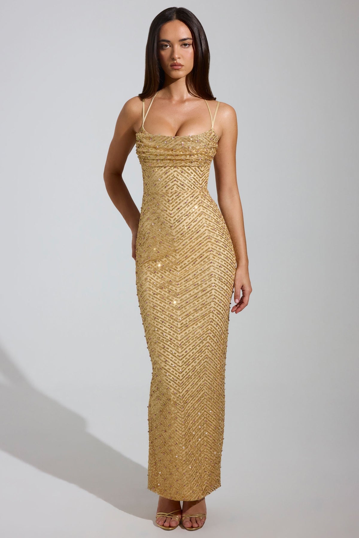 GownNovel Cowl-Neck Maxi Dress in Gold