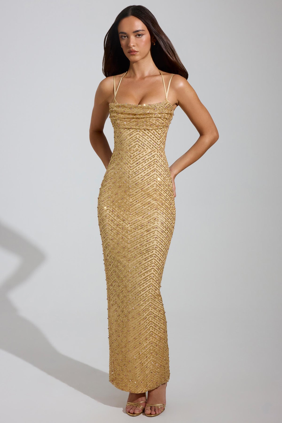 GownNovel Cowl-Neck Maxi Dress in Gold