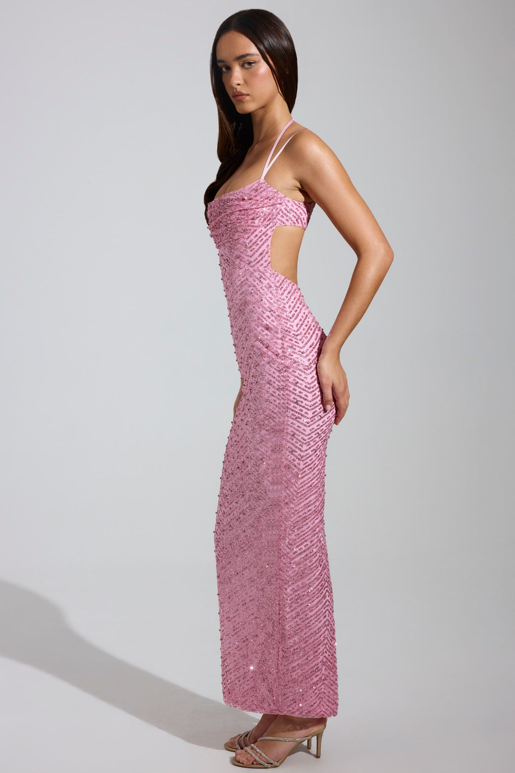 GownNovel Cowl-Neck Maxi Dress in Pink