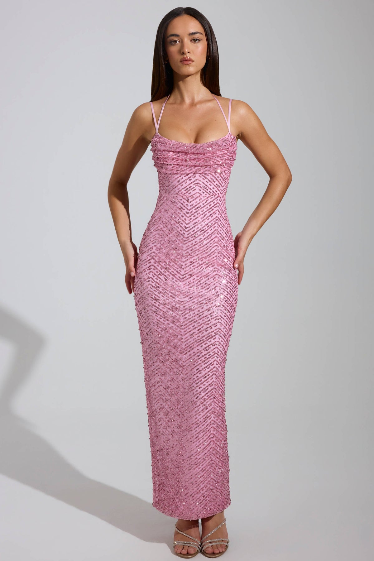 GownNovel Cowl-Neck Maxi Dress in Pink
