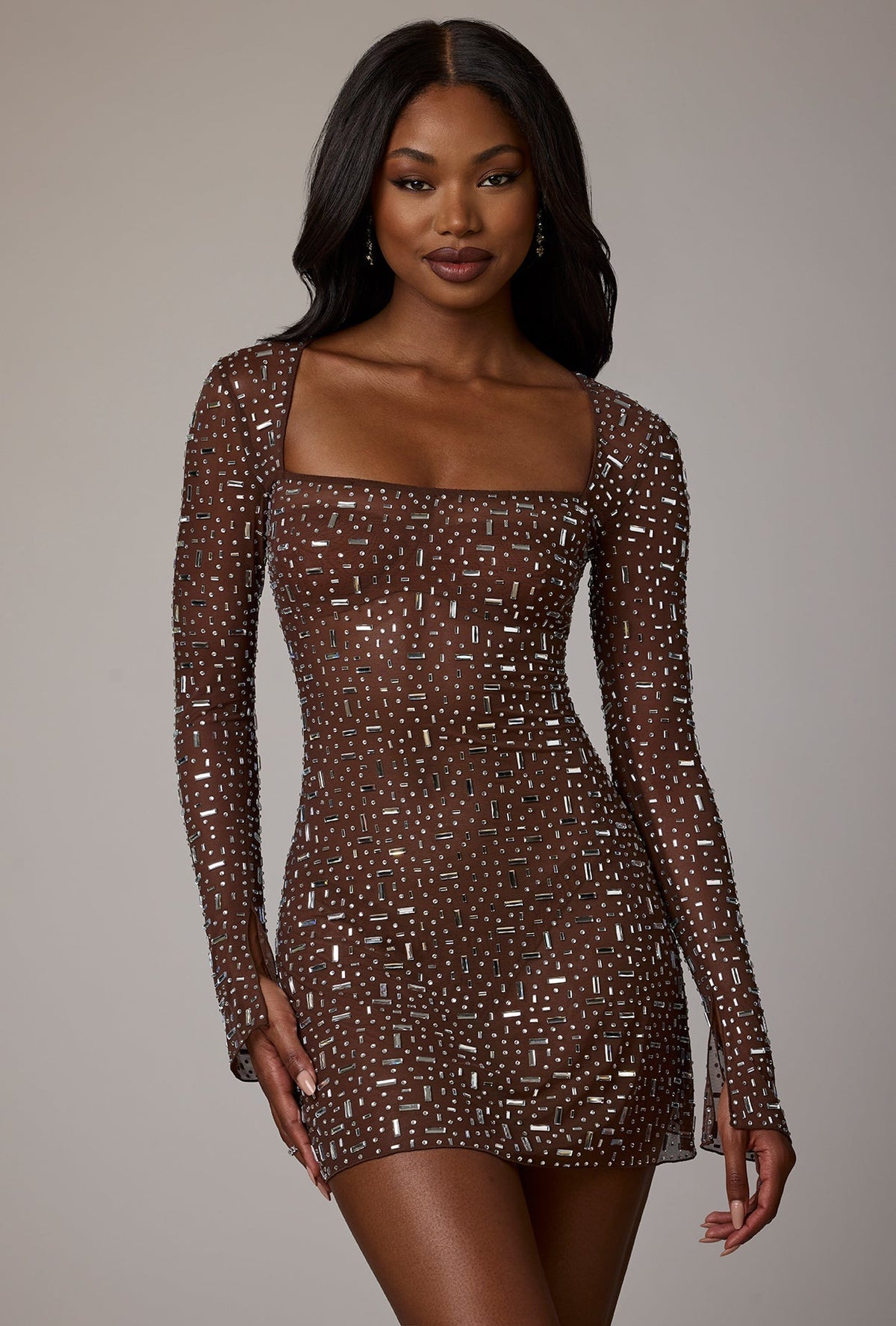 Sheer DressNovel Long Sleeve A-Line Mini Dress in Deep Cocoa