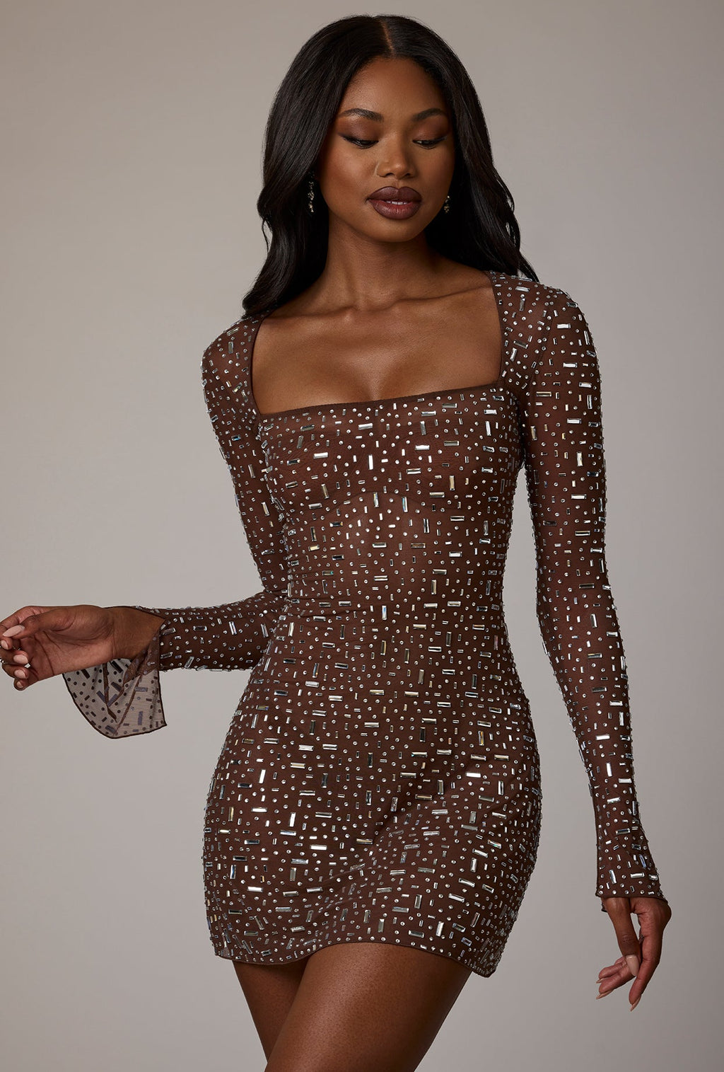Sheer DressNovel Long Sleeve A-Line Mini Dress in Deep Cocoa